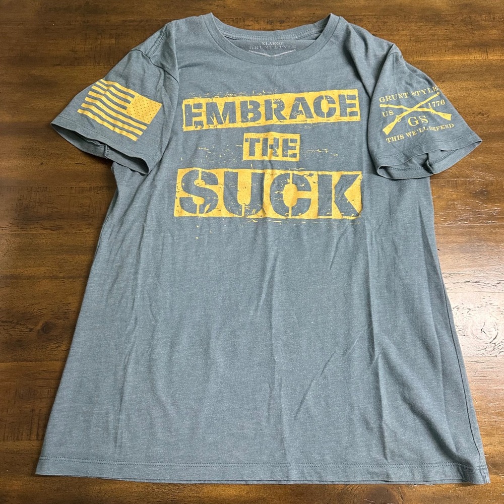 Grunt Style Embrace The Suck Graphic T-Shirt Gray Blue‎ Womens XL Patriotic Tee